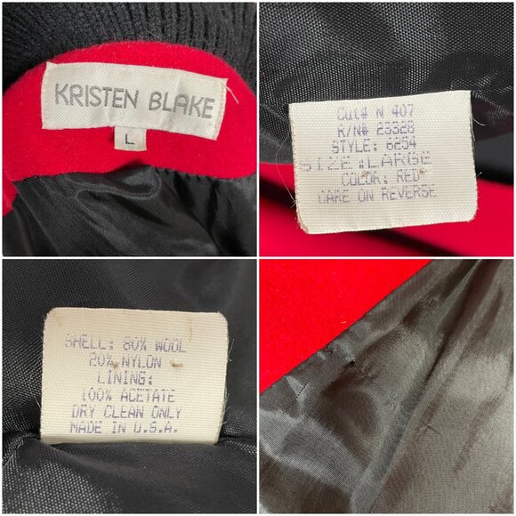 Vintage Kristen Blake Coat Wool Nylon FLAWS Batwing Sleeve Red‎ Black Button-Up - Picture 3 of 5